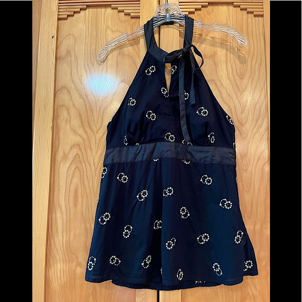 ODILLE by Anthropologie-Black w/ Ivory Embroidery HALTER TOP Size 10-runs small!
